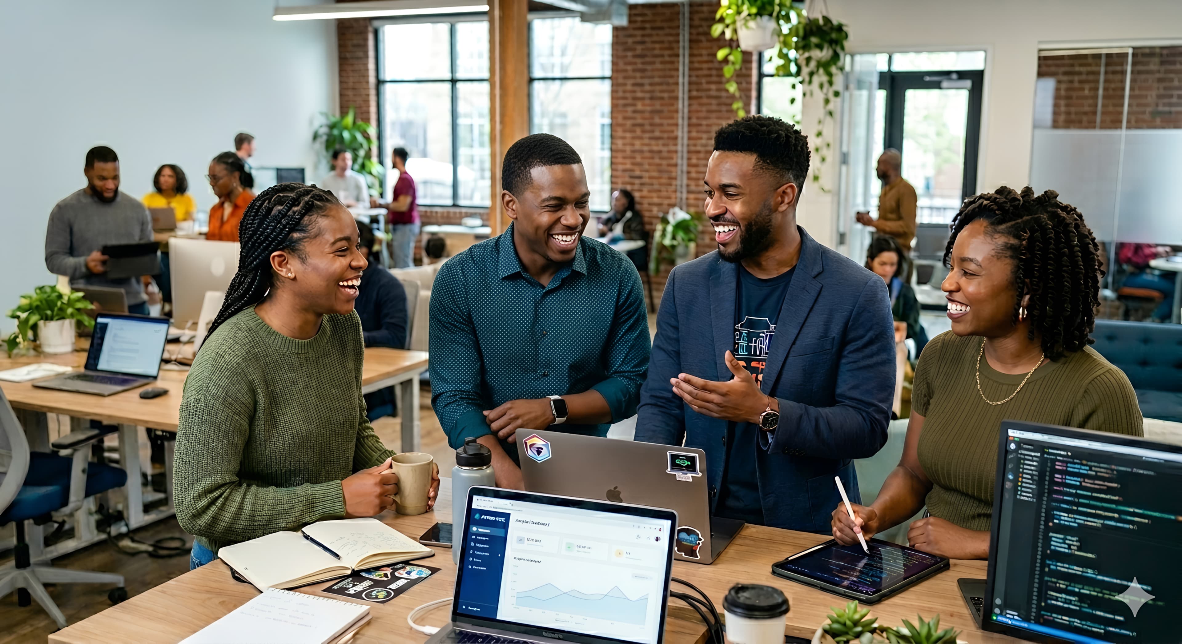 Young Black professionals smiling and collaborating in a modern office